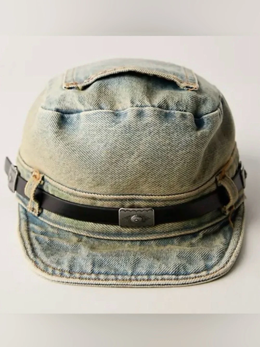 Free People Washed Denim Cadet Hat NWT Western Leather Band Blue OS